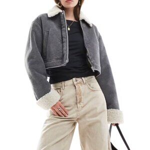 ASOS DESIGN cord bonded jacket with shearling collar in gray (S)